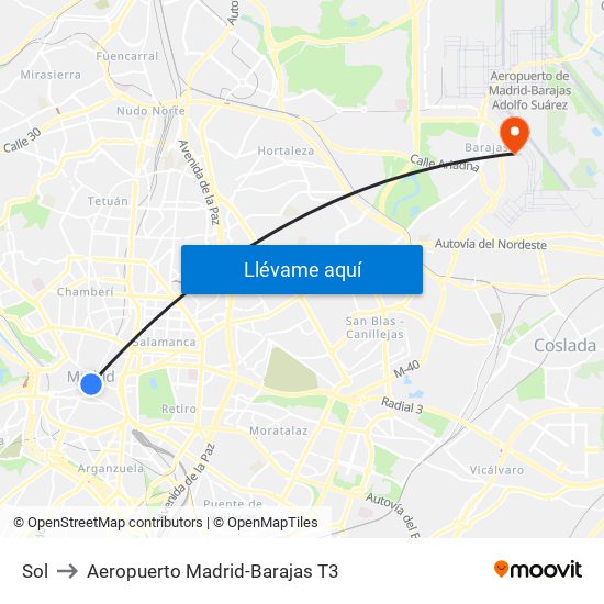 Sol to Aeropuerto Madrid-Barajas T3 map