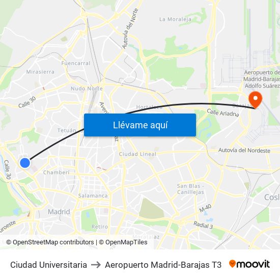 Ciudad Universitaria to Aeropuerto Madrid-Barajas T3 map
