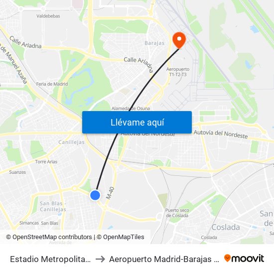 Estadio Metropolitano to Aeropuerto Madrid-Barajas T3 map