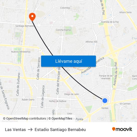 Las Ventas to Estadio Santiago Bernabéu map
