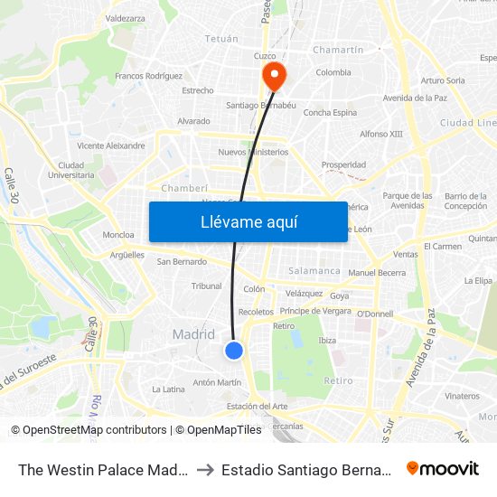 The Westin Palace Madrid to Estadio Santiago Bernabéu map