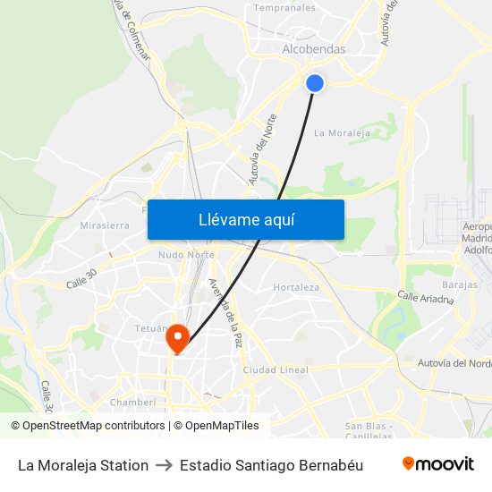 La Moraleja Station to Estadio Santiago Bernabéu map
