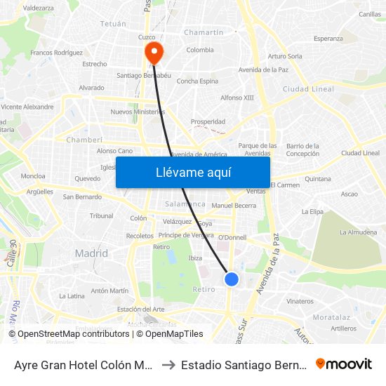 Ayre Gran Hotel Colón Madrid to Estadio Santiago Bernabéu map