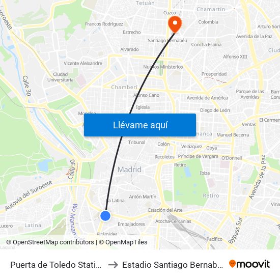 Puerta de Toledo Station to Estadio Santiago Bernabéu map