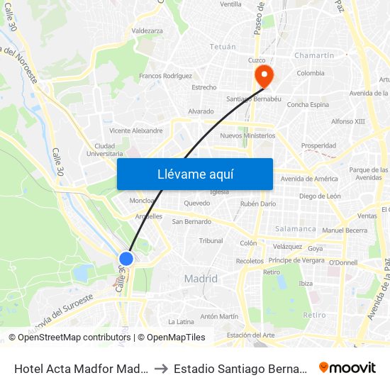 Hotel Acta Madfor Madrid to Estadio Santiago Bernabéu map