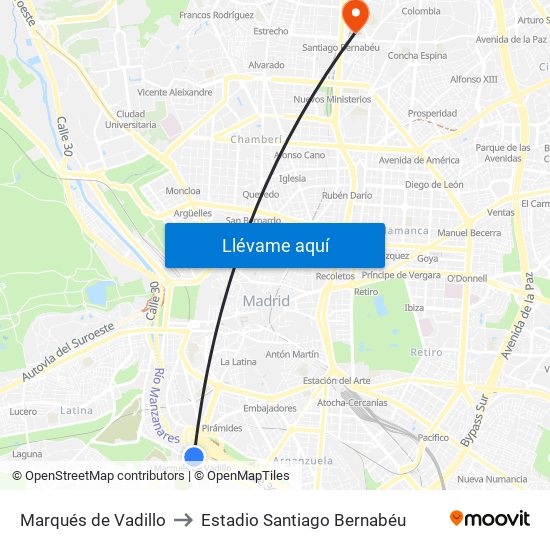 Marqués de Vadillo to Estadio Santiago Bernabéu map