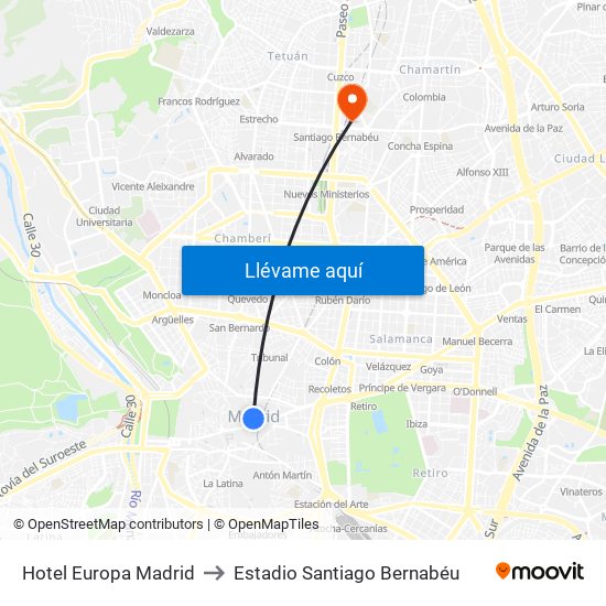 Hotel Europa Madrid to Estadio Santiago Bernabéu map