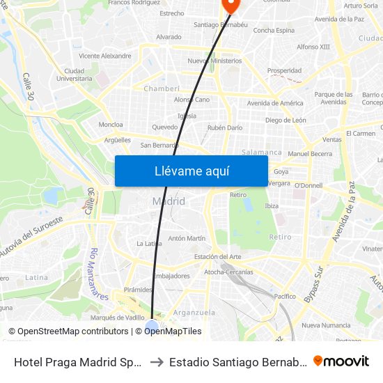 Hotel Praga Madrid Spain to Estadio Santiago Bernabéu map