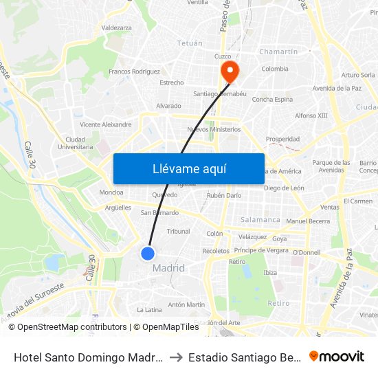 Hotel Santo Domingo Madrid Spain to Estadio Santiago Bernabéu map