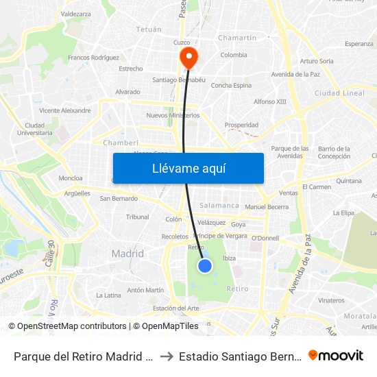 Parque del Retiro Madrid Spain to Estadio Santiago Bernabéu map