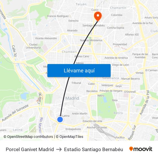 Porcel Ganivet Madrid to Estadio Santiago Bernabéu map