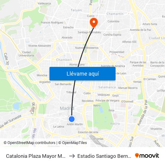 Catalonia Plaza Mayor Madrid to Estadio Santiago Bernabéu map