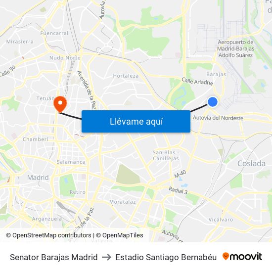 Senator Barajas Madrid to Estadio Santiago Bernabéu map