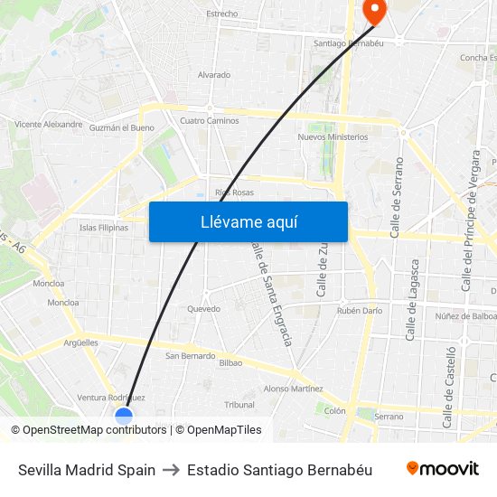 Sevilla Madrid Spain to Estadio Santiago Bernabéu map