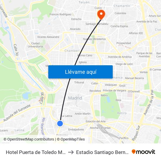 Hotel Puerta de Toledo Madrid to Estadio Santiago Bernabéu map