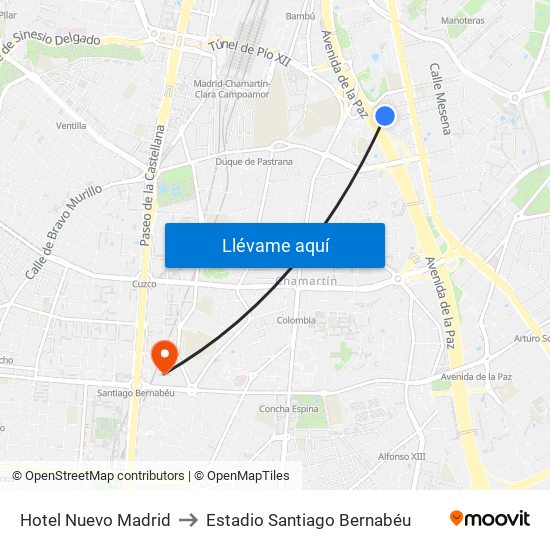 Hotel Nuevo Madrid to Estadio Santiago Bernabéu map