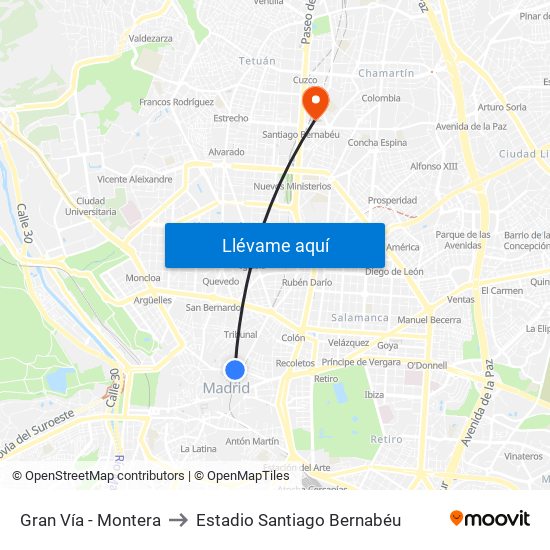 Gran Vía - Montera to Estadio Santiago Bernabéu map