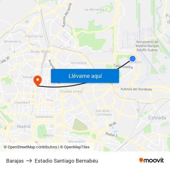 Barajas to Estadio Santiago Bernabéu map
