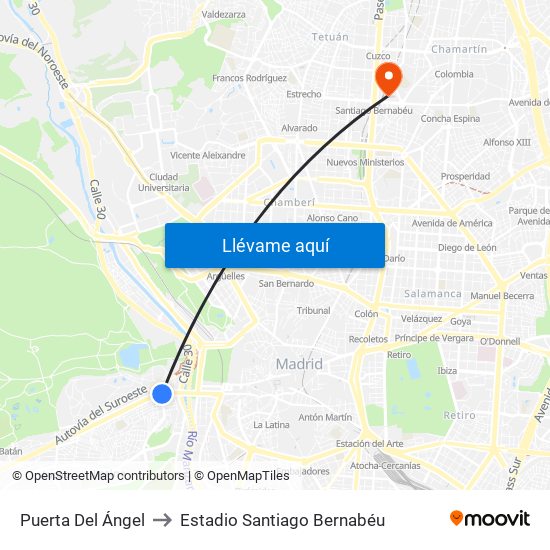 Puerta Del Ángel to Estadio Santiago Bernabéu map