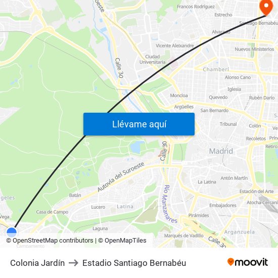 Colonia Jardín to Estadio Santiago Bernabéu map