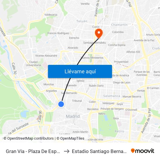 Gran Vía - Plaza De España to Estadio Santiago Bernabéu map
