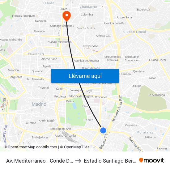 Av. Mediterráneo - Conde De Casal to Estadio Santiago Bernabéu map