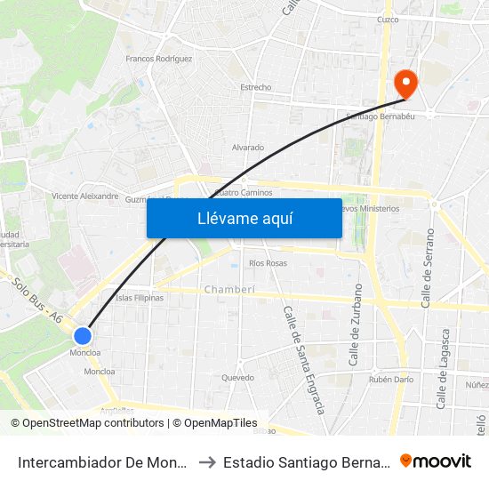 Intercambiador De Moncloa to Estadio Santiago Bernabéu map