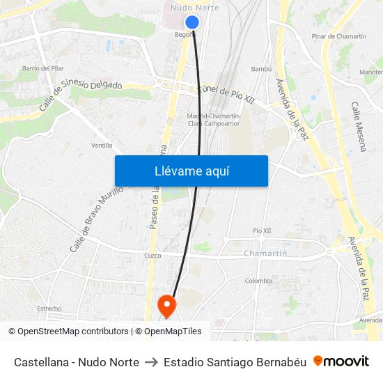 Castellana - Nudo Norte to Estadio Santiago Bernabéu map