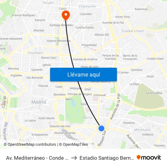 Av. Mediterráneo - Conde Casal to Estadio Santiago Bernabéu map