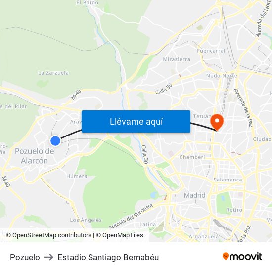 Pozuelo to Estadio Santiago Bernabéu map