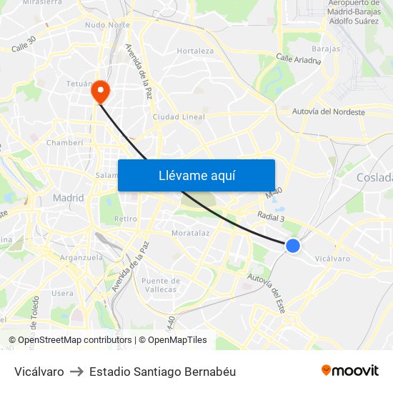 Vicálvaro to Estadio Santiago Bernabéu map