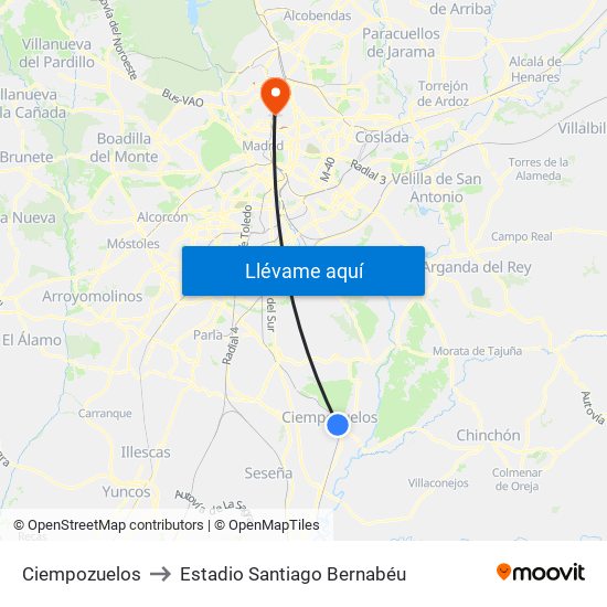 Ciempozuelos to Estadio Santiago Bernabéu map