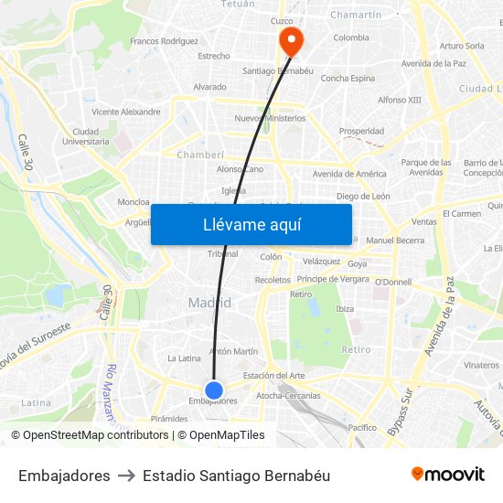 Embajadores to Estadio Santiago Bernabéu map