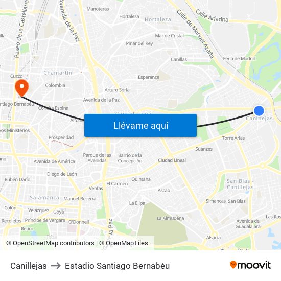 Canillejas to Estadio Santiago Bernabéu map