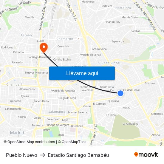 Pueblo Nuevo to Estadio Santiago Bernabéu map