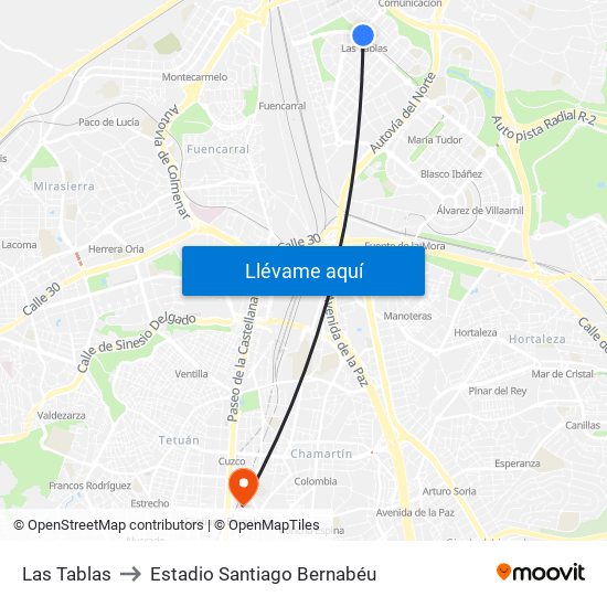 Las Tablas to Estadio Santiago Bernabéu map