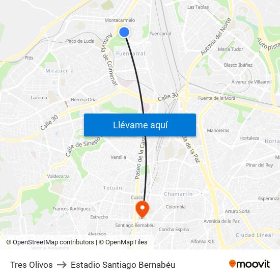 Tres Olivos to Estadio Santiago Bernabéu map