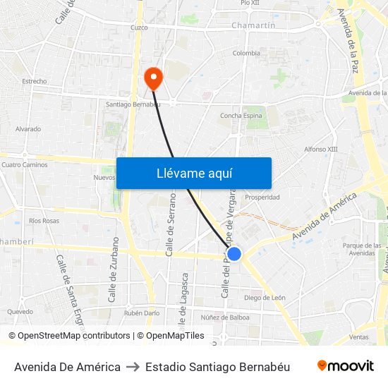 Avenida De América to Estadio Santiago Bernabéu map