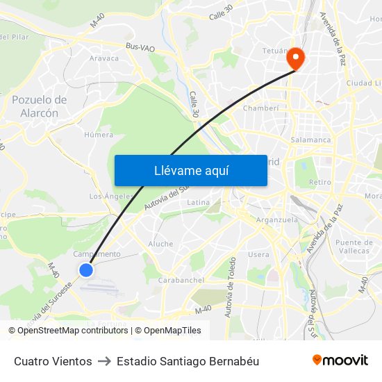 Cuatro Vientos to Estadio Santiago Bernabéu map