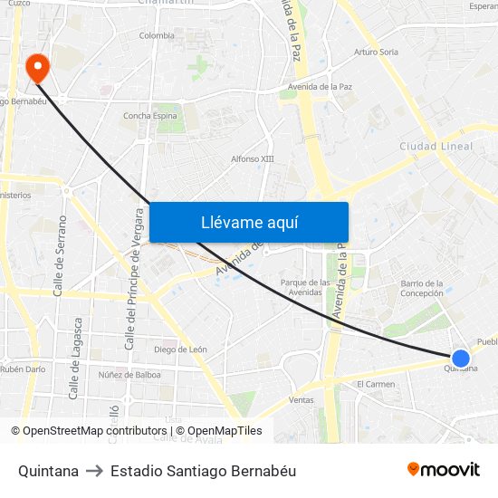 Quintana to Estadio Santiago Bernabéu map