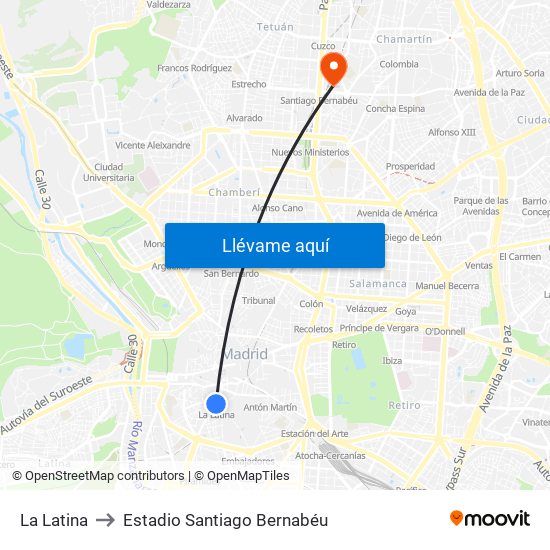La Latina to Estadio Santiago Bernabéu map