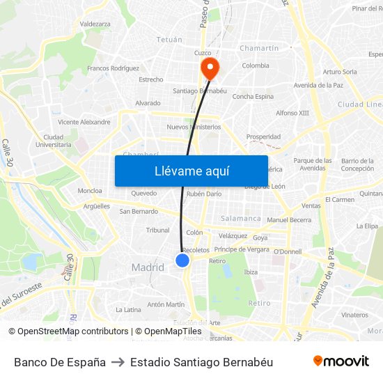 Banco De España to Estadio Santiago Bernabéu map