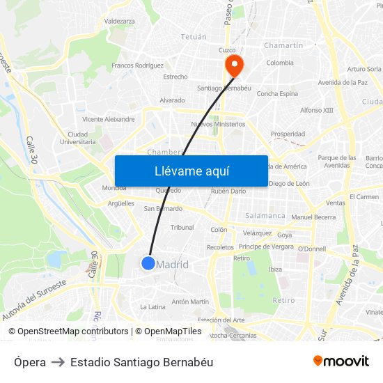 Ópera to Estadio Santiago Bernabéu map