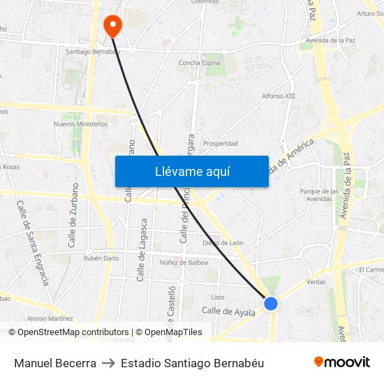 Manuel Becerra to Estadio Santiago Bernabéu map
