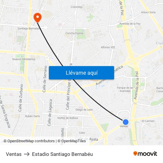Ventas to Estadio Santiago Bernabéu map