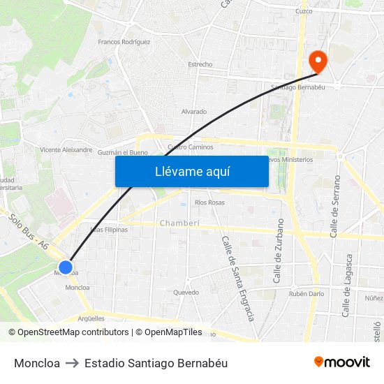 Moncloa to Estadio Santiago Bernabéu map
