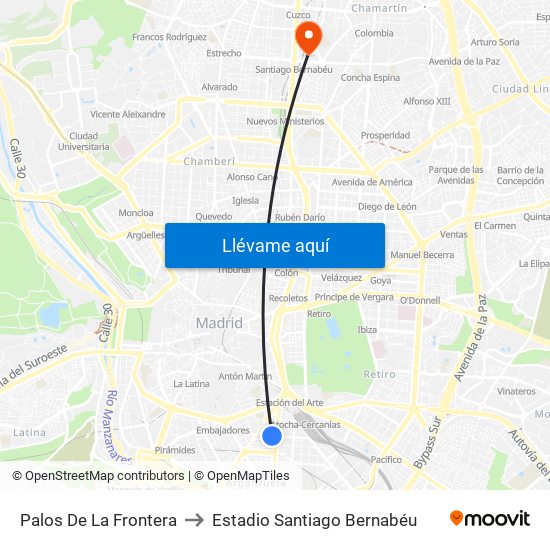 Palos De La Frontera to Estadio Santiago Bernabéu map