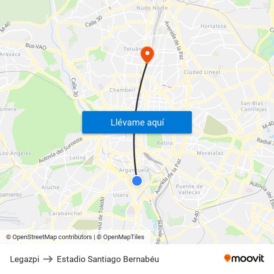 Legazpi to Estadio Santiago Bernabéu map