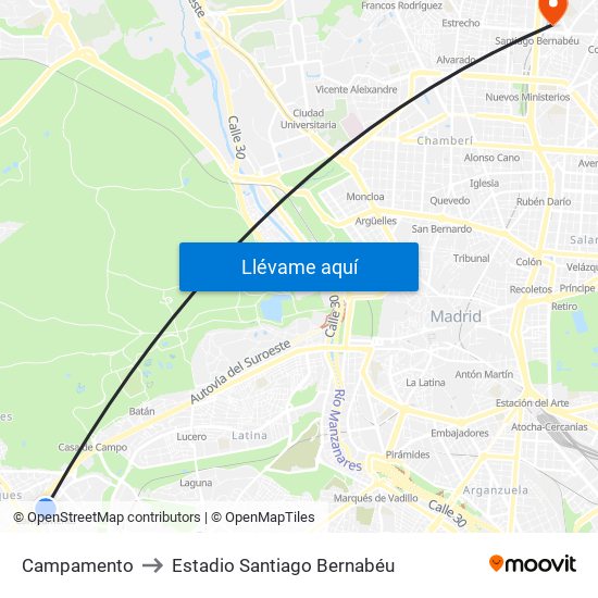 Campamento to Estadio Santiago Bernabéu map