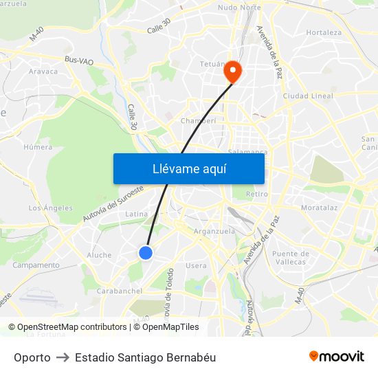 Oporto to Estadio Santiago Bernabéu map